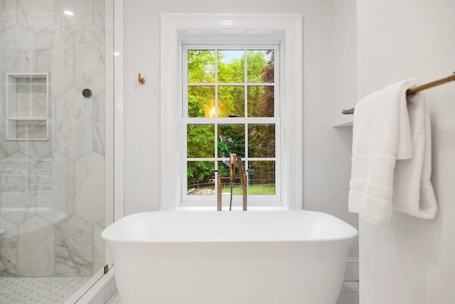 2 Percy Rd, Lexington, MA 02421 - full bath featuring a freestanding bath, a marble finish shower, and baseboards