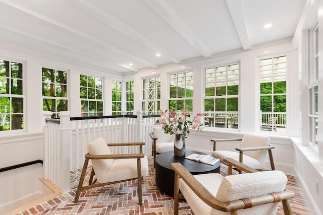 2 Percy Rd, Lexington, MA 02421 - sunroom with brick flooring, plenty of natural light, beamed ceiling, and recessed lighting