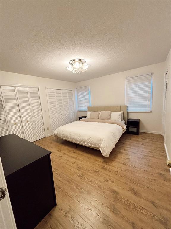 bedroom with hardwood / wood-style flooring, a textured ceiling, and two closets