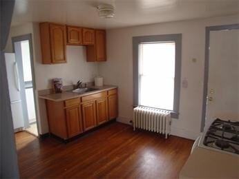 kitchen with dark hardwood / wood-style flooring, radiator heating unit, white refrigerator, and sink