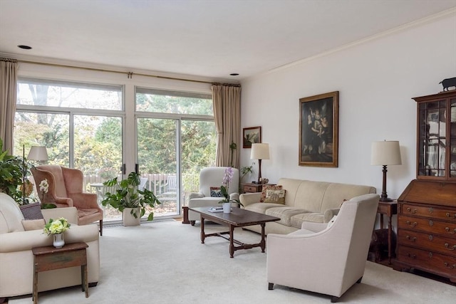 303 Goddard Ave Unit 303, Brookline, MA 02445 - living area with light colored carpet, ornamental molding, and healthy amount of natural light