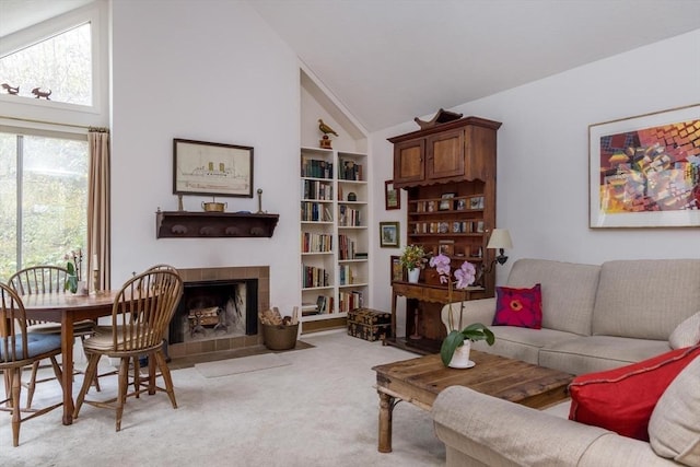 303 Goddard Ave Unit 303, Brookline, MA 02445 - living area with a fireplace, high vaulted ceiling, and light carpet