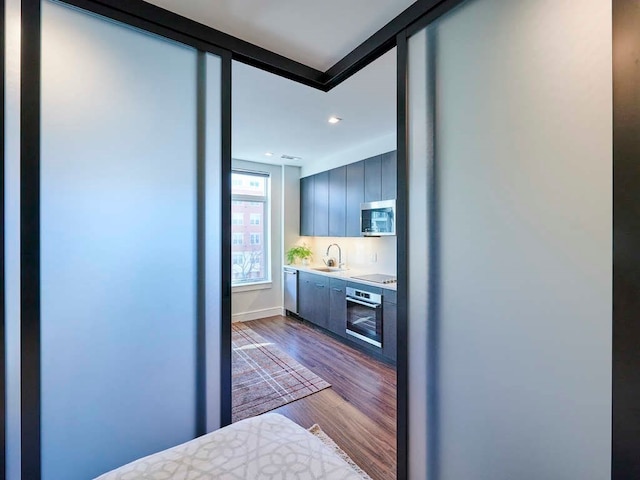 kitchen featuring stainless steel appliances, dark hardwood / wood-style floors, and sink