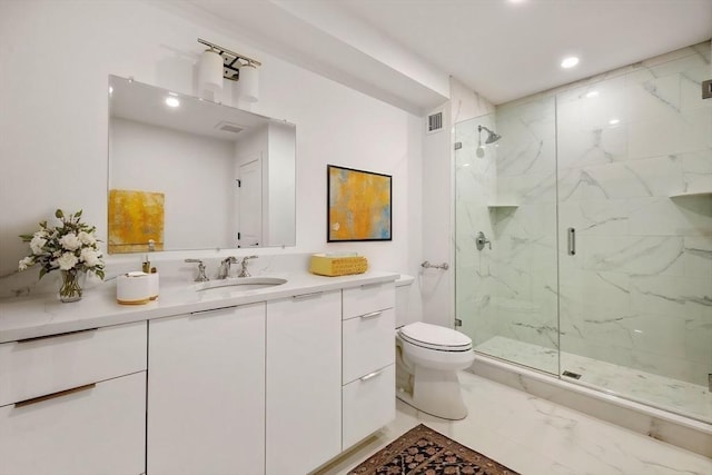 bathroom featuring a marble finish shower, visible vents, toilet, and marble finish floor