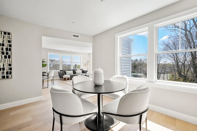 dining area with visible vents, light wood-style flooring, and baseboards