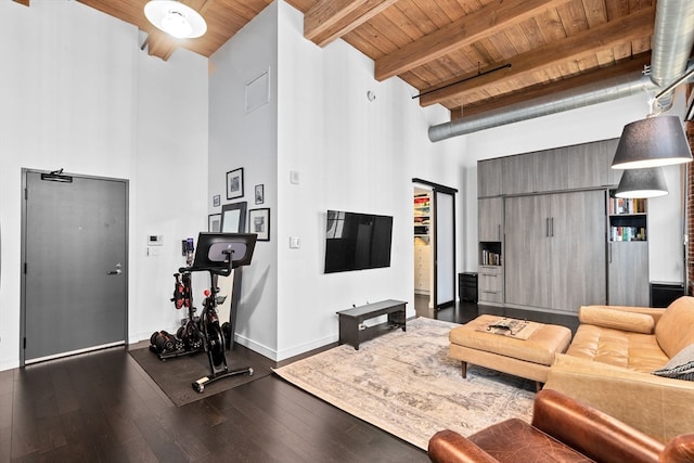 living room featuring dark wood-type flooring, beam ceiling, wooden ceiling, and a high ceiling