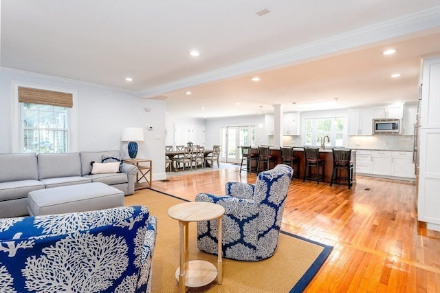 living room featuring light hardwood / wood-style floors, crown molding, and sink