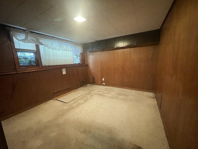 basement featuring wooden walls