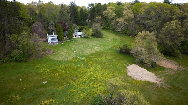 drone / aerial view with a wooded view