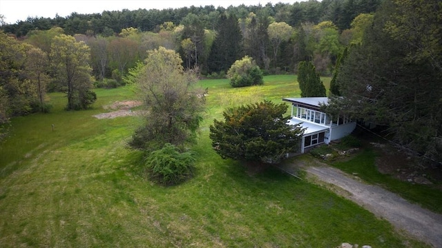 bird's eye view with a wooded view