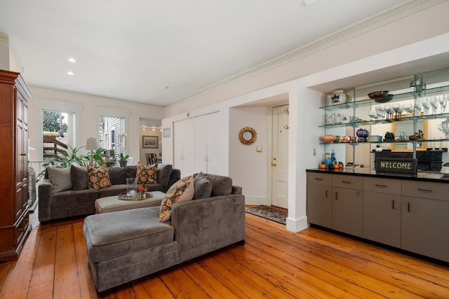 living room with crown molding and light hardwood / wood-style flooring