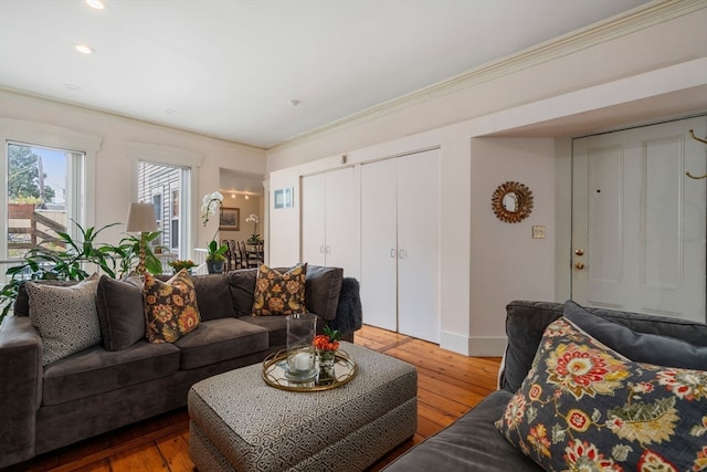 living room with crown molding and hardwood / wood-style floors