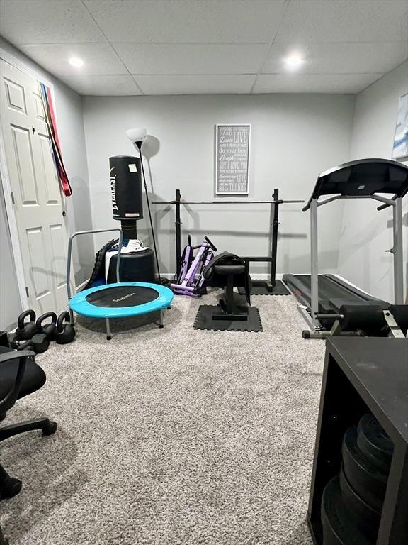 workout area featuring carpet and a drop ceiling