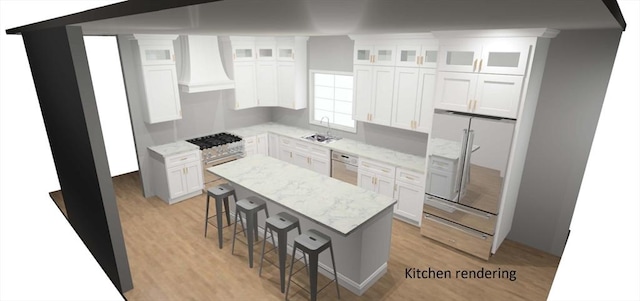 15 Daisy Ln, East Bridgewater, MA 02333 - kitchen featuring appliances with stainless steel finishes, custom range hood, a breakfast bar, and light wood-style floors