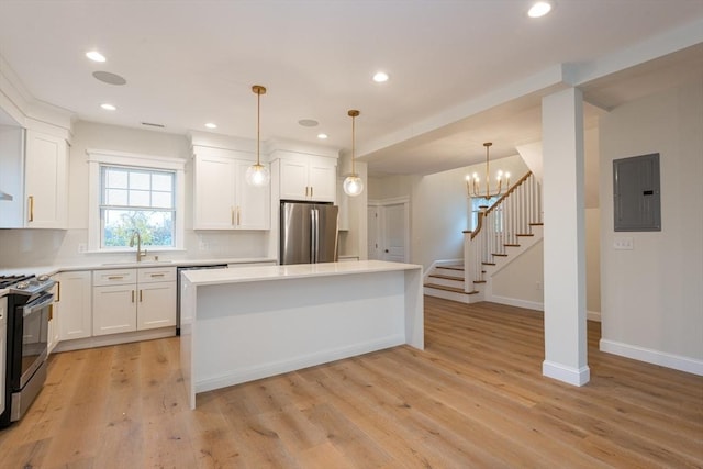 kitchen with electric panel, stainless steel appliances, hanging light fixtures, a kitchen island, and white cabinets