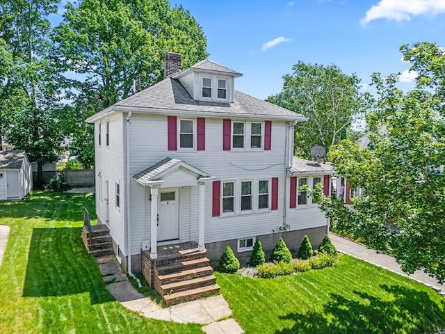 8 Nicholl St, Quincy, MA 02169 - american foursquare style home featuring a chimney and a shed