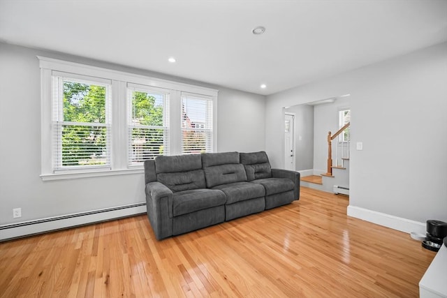 8 Nicholl St, Quincy, MA 02169 - living room featuring wood finished floors, healthy amount of natural light, a baseboard heating unit, stairway, and recessed lighting