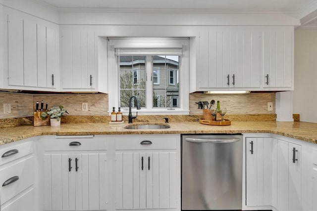 98 Haseltine St, Haverhill, MA 01835 - kitchen with dishwasher, a sink, tasteful backsplash, white cabinets, and ornamental molding