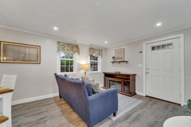 98 Haseltine St, Haverhill, MA 01835 - living area with wood finished floors, crown molding, a glass covered fireplace, recessed lighting, and baseboards