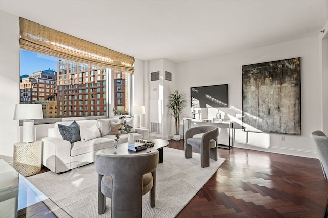 living room with parquet floors