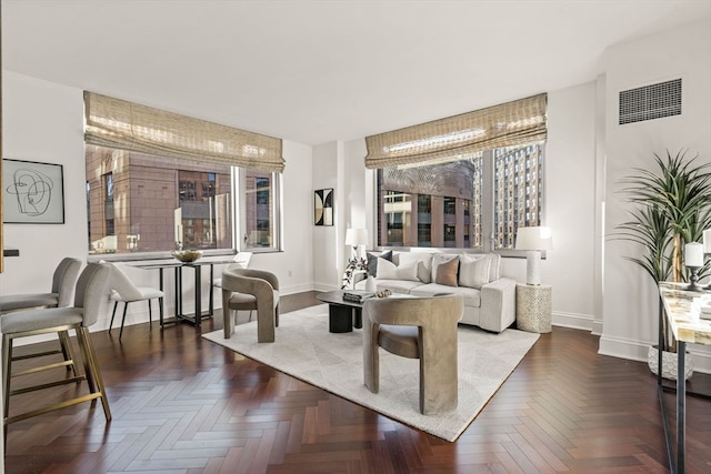 living room with parquet flooring