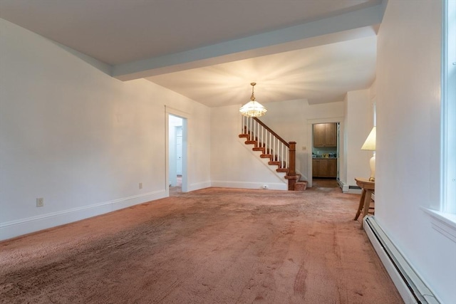 18 Balder Rd, Worcester, MA 01605 - unfurnished living room with baseboard heating, stairway, a chandelier, and light carpet