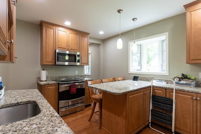 18 Balder Rd, Worcester, MA 01605 - kitchen with stainless steel appliances, light wood-style flooring, light stone counters, pendant lighting, and a peninsula