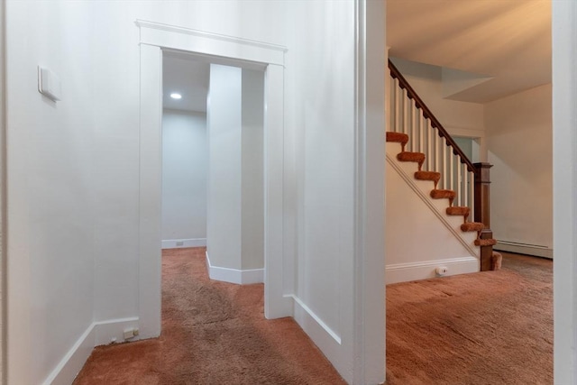 18 Balder Rd, Worcester, MA 01605 - hall featuring carpet, a baseboard heating unit, and stairs