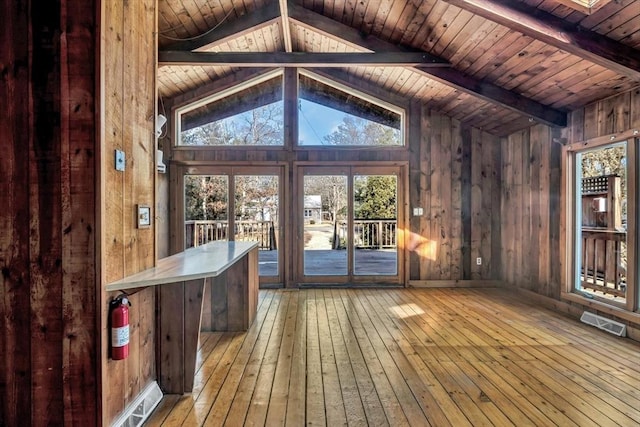 interior space featuring lofted ceiling with beams, wood ceiling, and visible vents