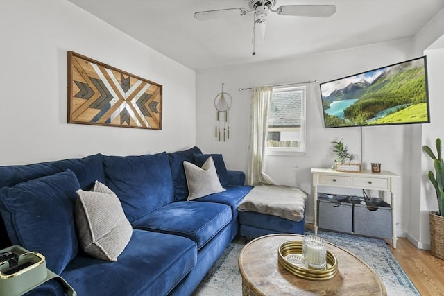 living area featuring ceiling fan and wood finished floors