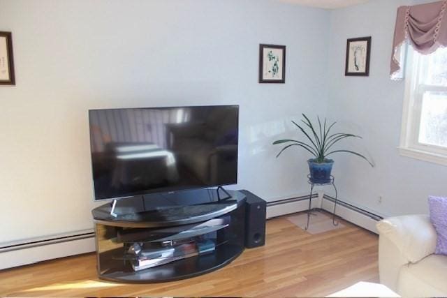 interior space with wood-type flooring and baseboard heating