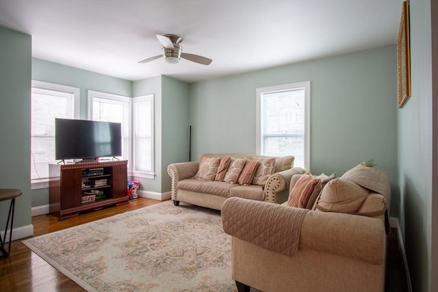 living room featuring ceiling fan and wood-type flooring