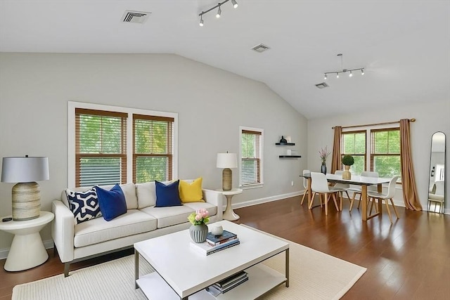 121 Green St Unit 304, Boston, MA 02130 - living area featuring rail lighting, vaulted ceiling, and wood finished floors