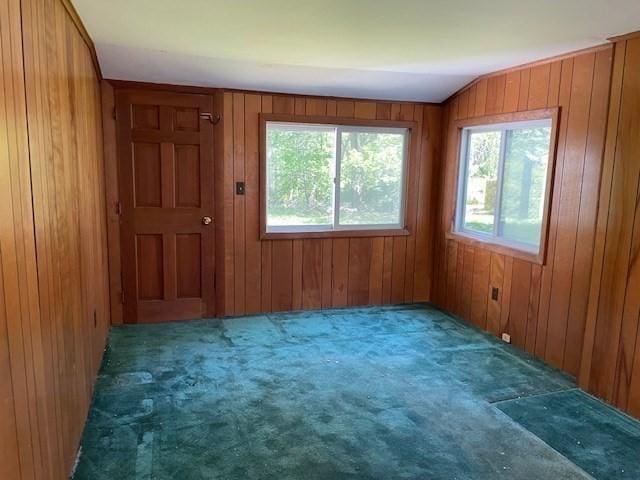 1 Pine Island Rd, Newbury, MA 01951 - carpeted empty room featuring wood walls and lofted ceiling