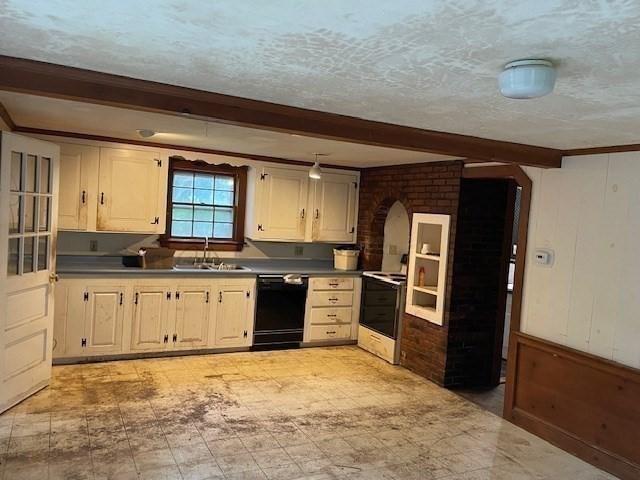 1 Pine Island Rd, Newbury, MA 01951 - kitchen featuring dishwasher, electric stove, a textured ceiling, beamed ceiling, and arched walkways