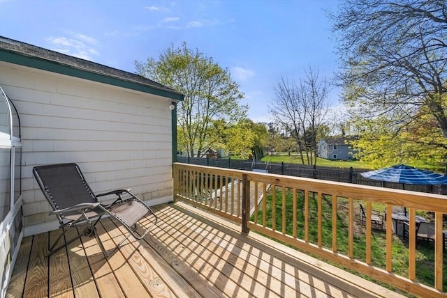 wooden terrace with a fenced backyard