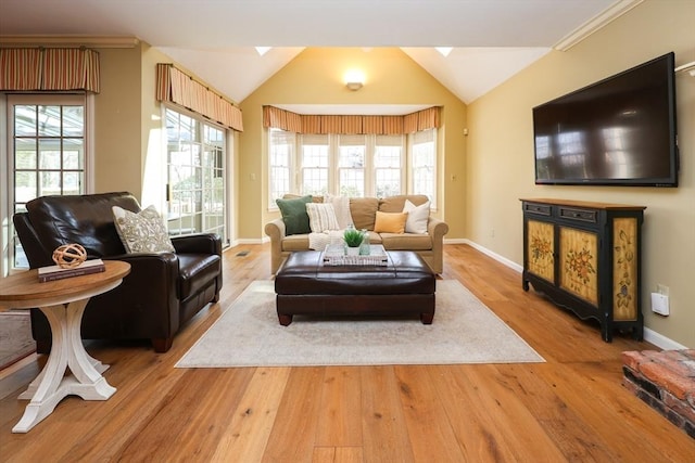 living room featuring a wealth of natural light, vaulted ceiling with skylight, and wood finished floors