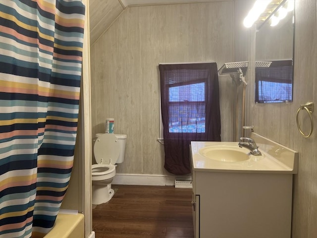 full bath with vanity, wood finished floors, and toilet