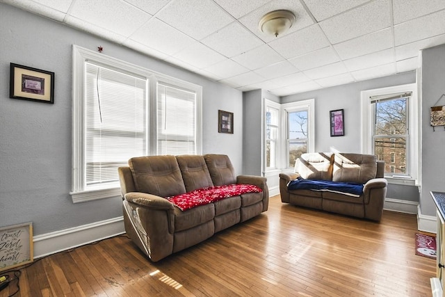 living room with a drop ceiling and hardwood / wood-style floors