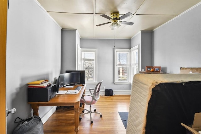 office space with hardwood / wood-style flooring, ornamental molding, and ceiling fan