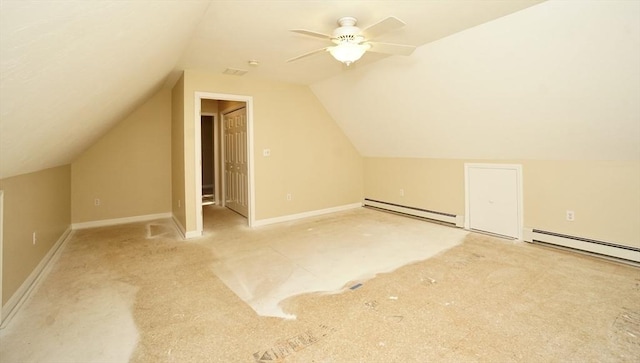 additional living space featuring ceiling fan, vaulted ceiling, and a baseboard radiator