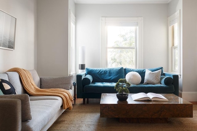 living room with dark wood-type flooring and a wealth of natural light