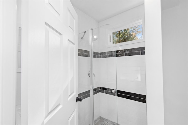 bathroom with a shower with shower door