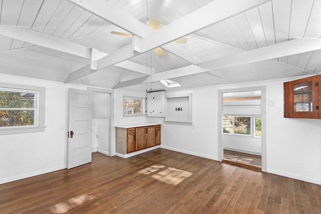 unfurnished living room featuring vaulted ceiling with beams, wooden ceiling, and dark hardwood / wood-style flooring