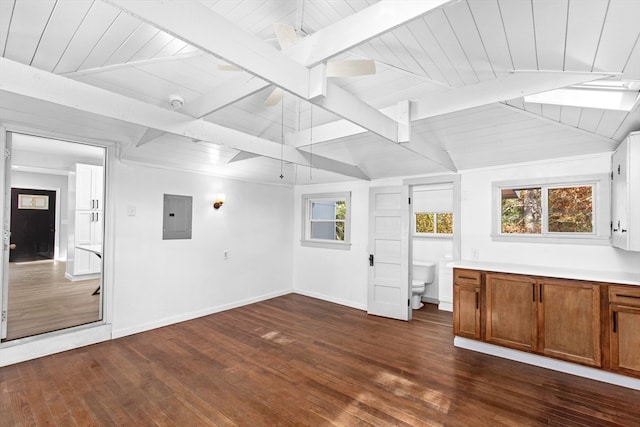 empty room featuring vaulted ceiling with beams, dark wood-type flooring, electric panel, and wood ceiling