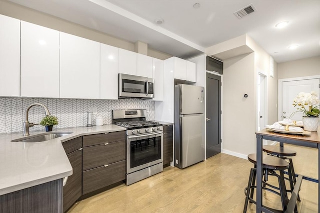 kitchen featuring dark brown cabinetry, sink, tasteful backsplash, stainless steel appliances, and white cabinets