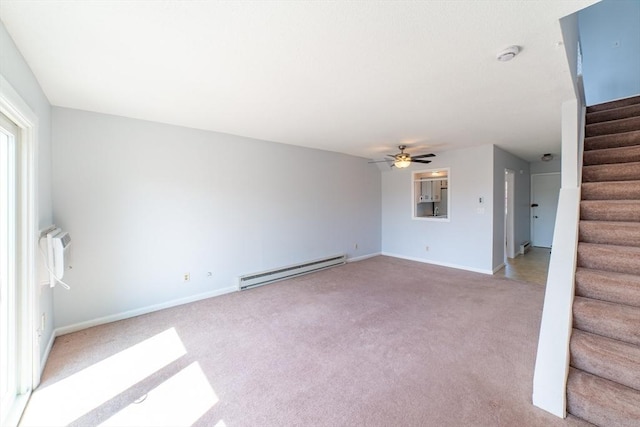 unfurnished living room with a ceiling fan, a baseboard radiator, baseboards, stairs, and light colored carpet