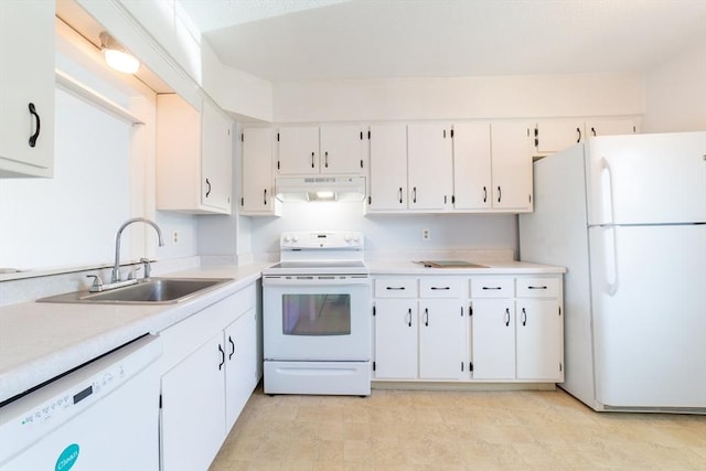 kitchen featuring under cabinet range hood, white appliances, a sink, white cabinetry, and light countertops