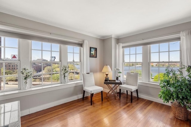 sitting room with a water view, a wealth of natural light, baseboards, and wood-type flooring