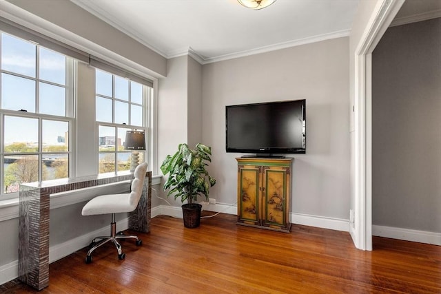 office featuring wood finished floors, baseboards, and ornamental molding
